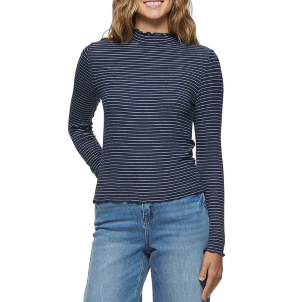 NWT Flag and Anthem Blue White Striped Lettuce Edge Long Sleeve Knit Top XS